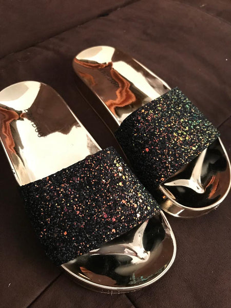 Hologram Black Glitter Slip-on Sandals
